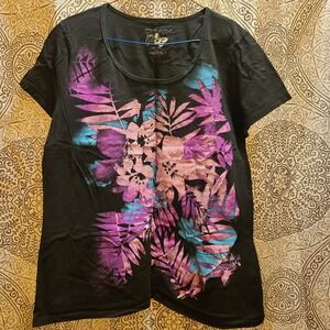 Just My Size Graphic T-Shirt Womens 1X Black Floral Tropical Scoop Neck Cotton